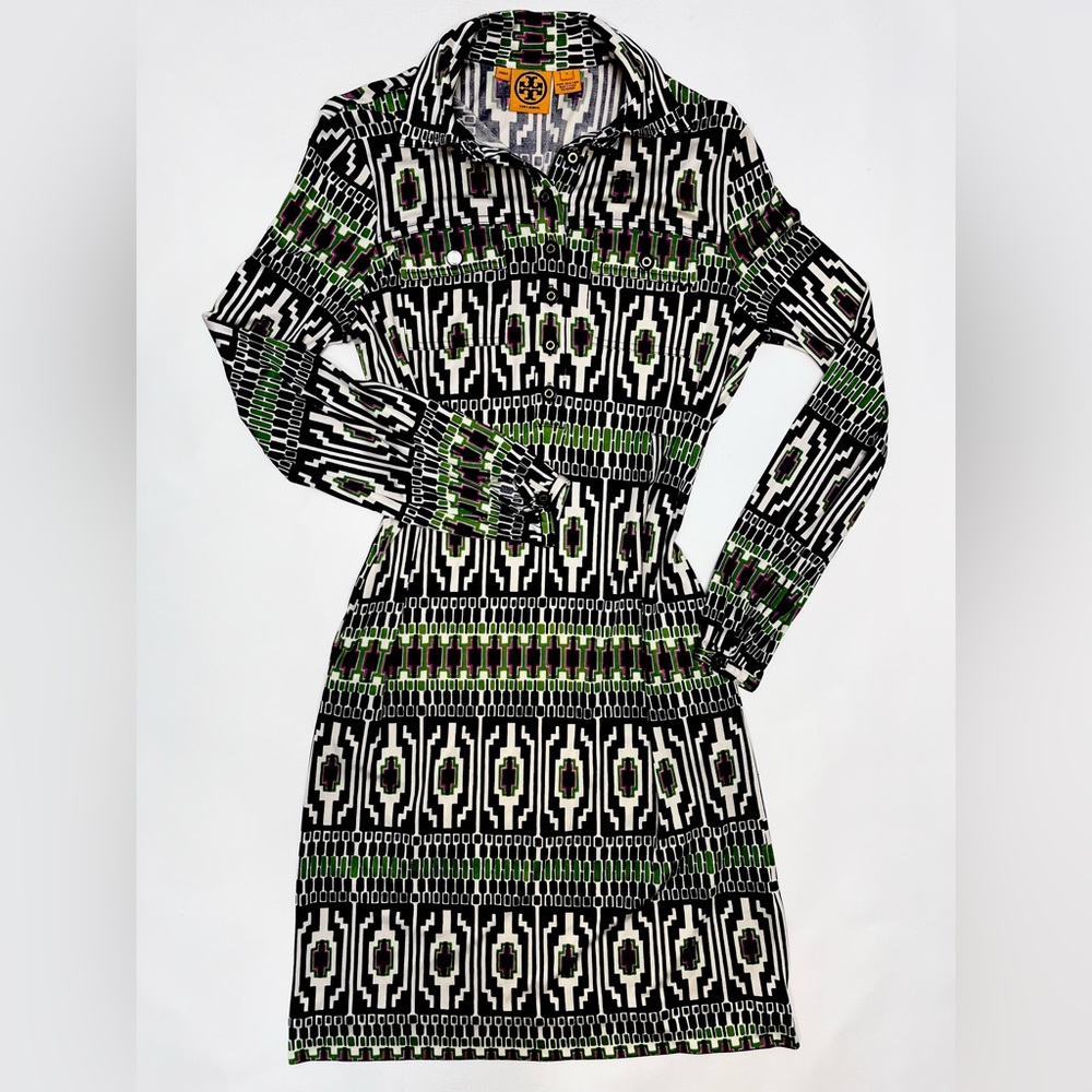 Tory Burch Silk Printed Geometric Retro Midi Shirtdress Size Small